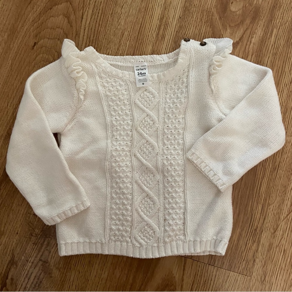 24 months white sweeter with frill and buttons on shoulders